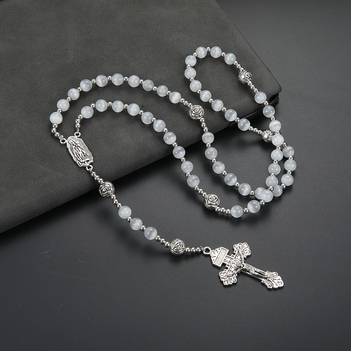 Luminous White Cat Eye Stone Rosary with Our Lady Medal & Ornate Crucifix