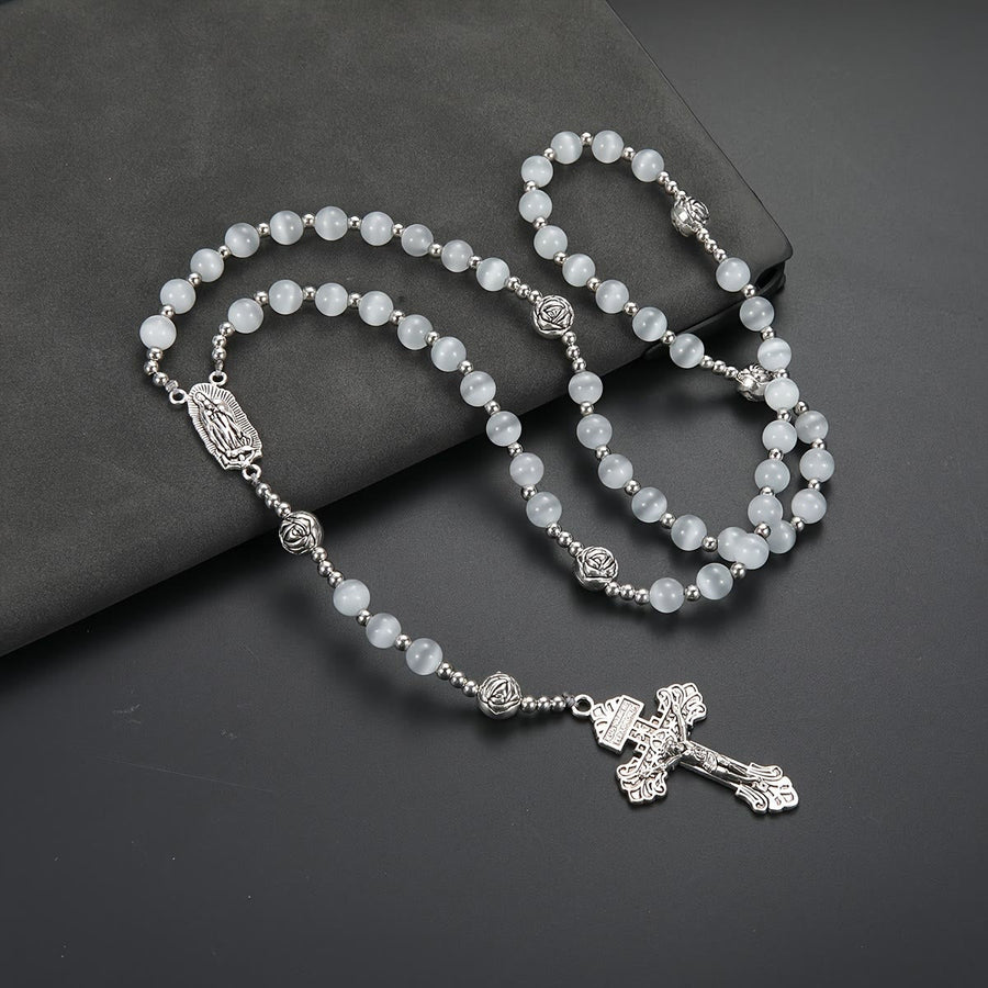 Luminous White Cat Eye Stone Rosary with Our Lady Medal & Ornate Crucifix