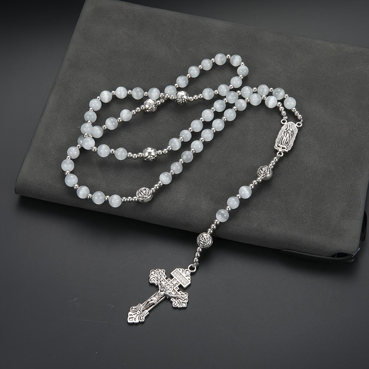 Luminous White Cat Eye Stone Rosary with Our Lady Medal & Ornate Crucifix