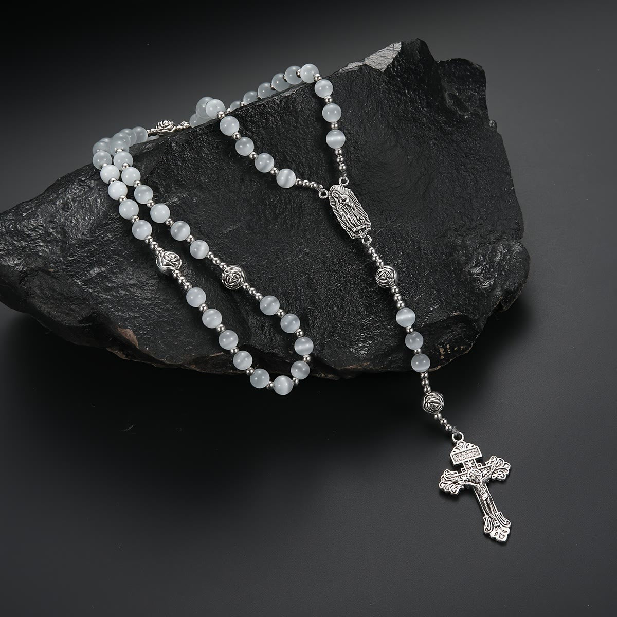 Luminous White Cat Eye Stone Rosary with Our Lady Medal & Ornate Crucifix