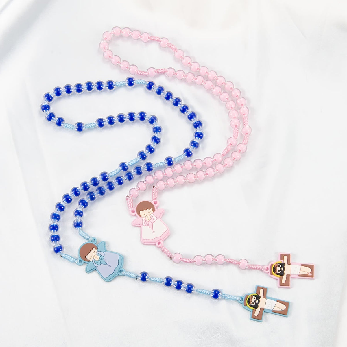 Children-Friendly Cartoon Rosary: Angel Medal & Cute Jesus Cross Pendant (Pink/Blue)