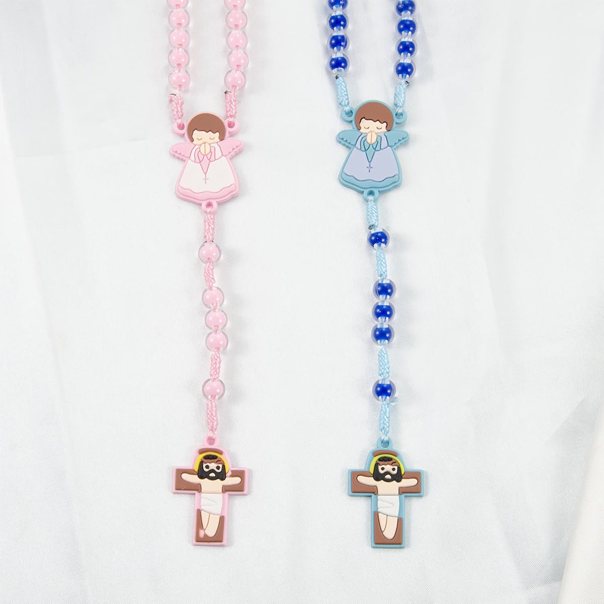 Children-Friendly Cartoon Rosary: Angel Medal & Cute Jesus Cross Pendant (Pink/Blue)