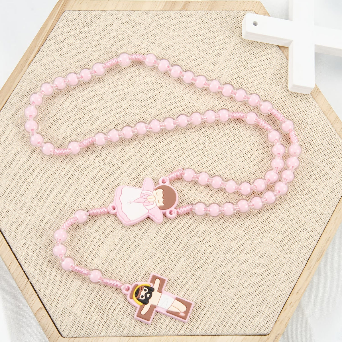 Children-Friendly Cartoon Rosary: Angel Medal & Cute Jesus Cross Pendant (Pink/Blue)