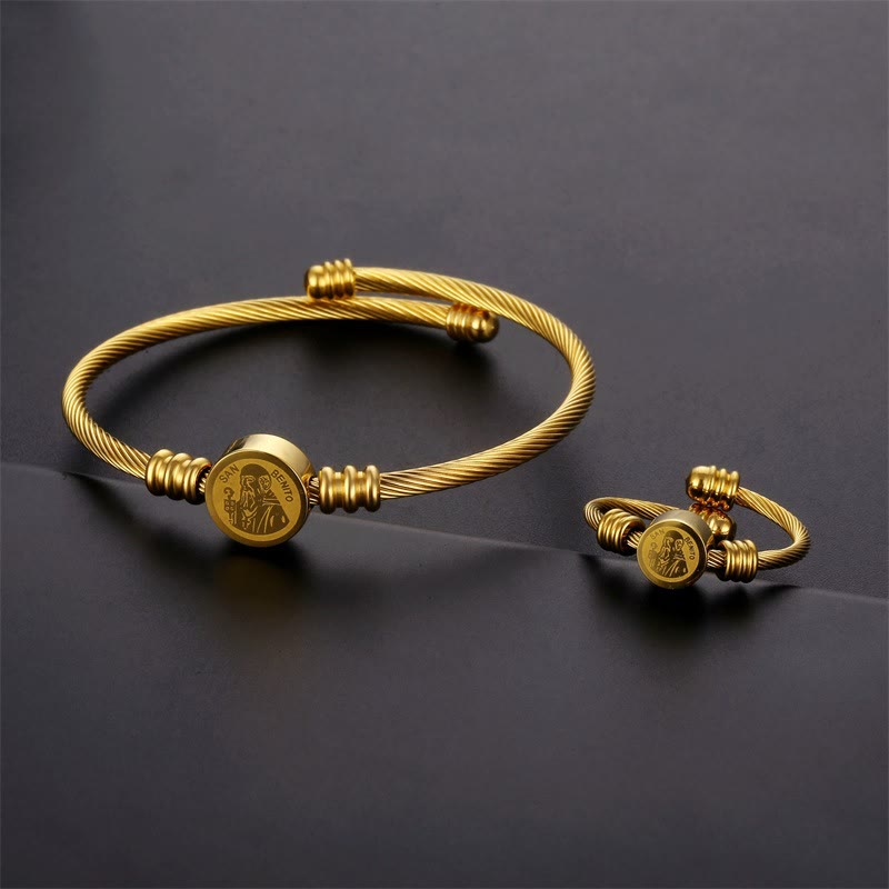 Twisted Cable St. Benedict Medal Bracelet & Ring Set: Sacred Symbol of Divine Protection