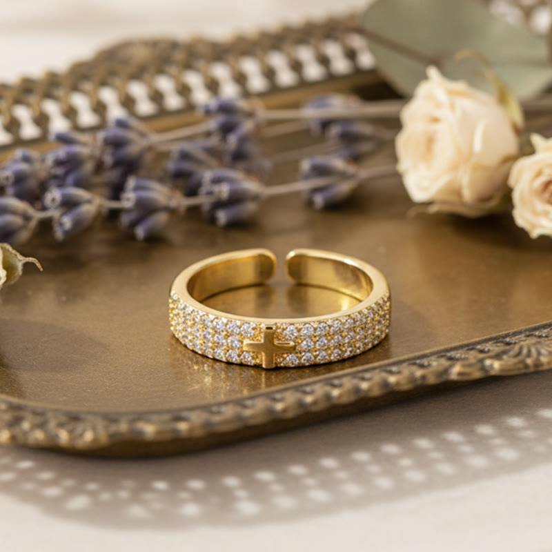 Paved Crystal Cross Open Adjustable Ring: Symbol Of Eternal Hope & Grace