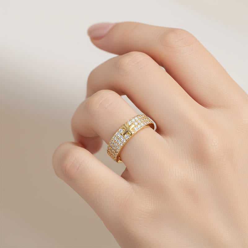 Paved Crystal Cross Open Adjustable Ring: Symbol Of Eternal Hope & Grace