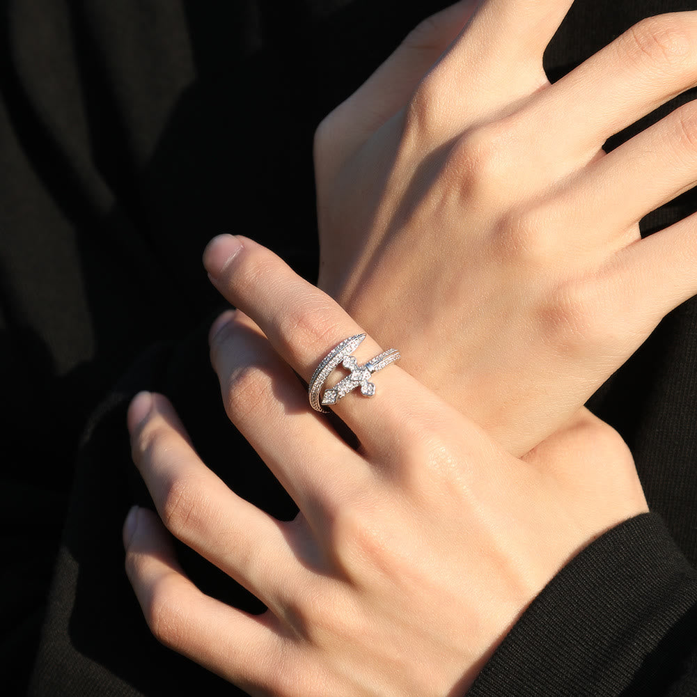 Sword Cross Pave Open Adjustable Ring: Emblem Of Faith & Divine Strength