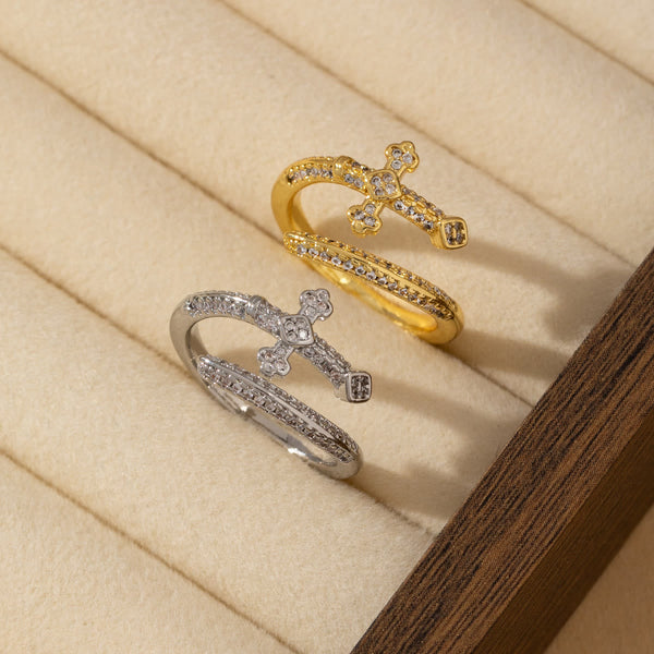 Sword Cross Pave Open Adjustable Ring: Emblem Of Faith & Divine Strength