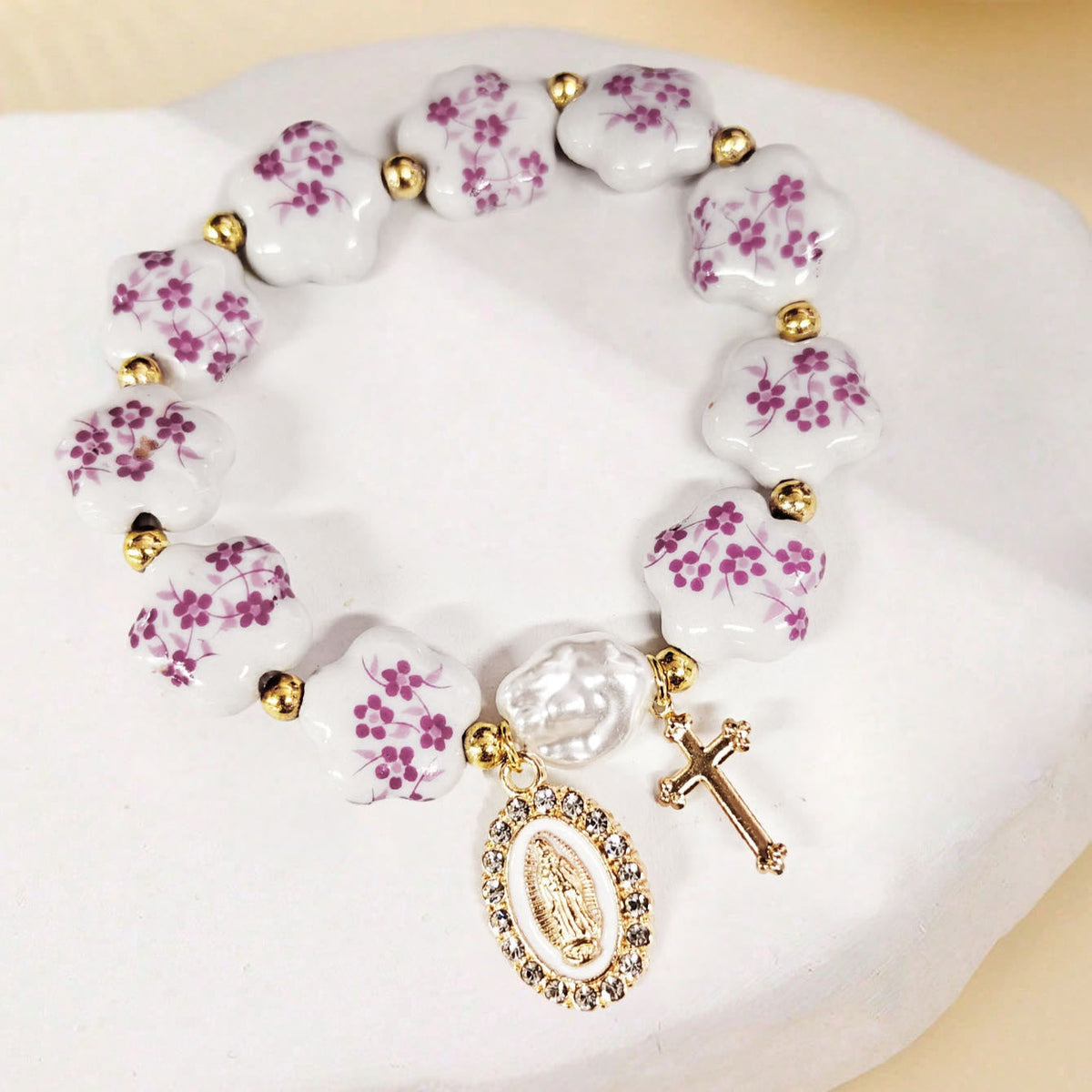 Floral Ceramic Porcelain Bracelet With Our Lady Medal & Cross Pendant (3 Styles)