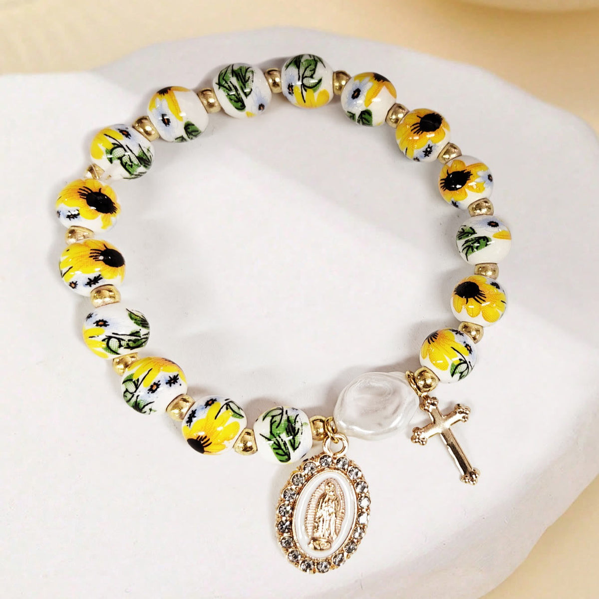 Floral Ceramic Porcelain Bracelet With Our Lady Medal & Cross Pendant (3 Styles)