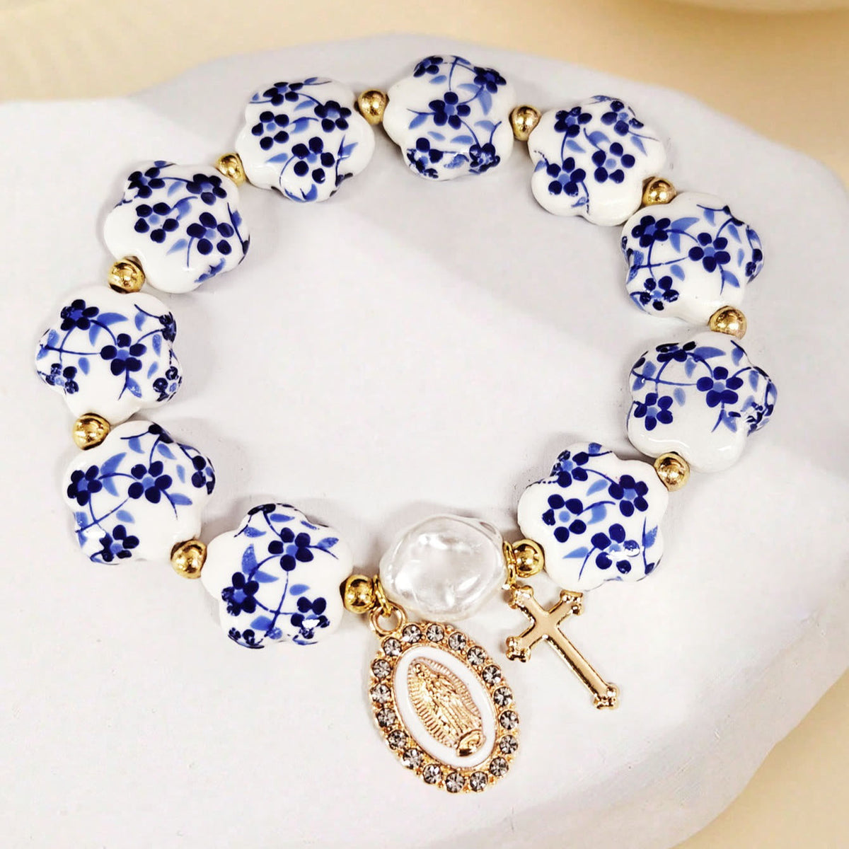 Floral Ceramic Porcelain Bracelet With Our Lady Medal & Cross Pendant (3 Styles)