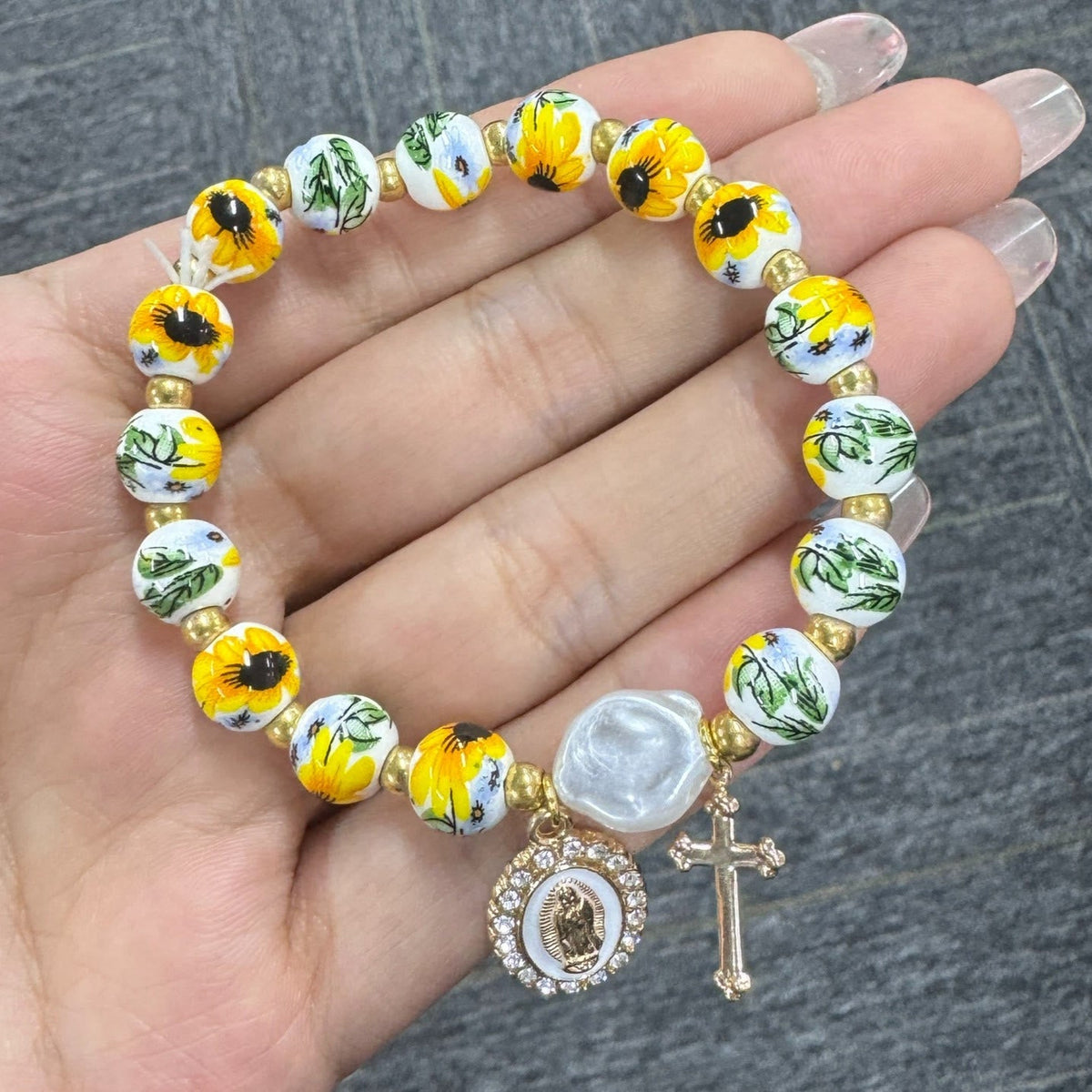 Floral Ceramic Porcelain Bracelet With Our Lady Medal & Cross Pendant (3 Styles)