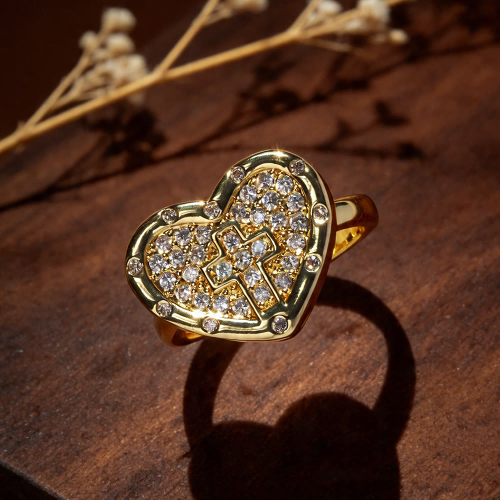 Heart Shaped Pave Cross Statement Ring: Symbol Of Sacred Love & Grace