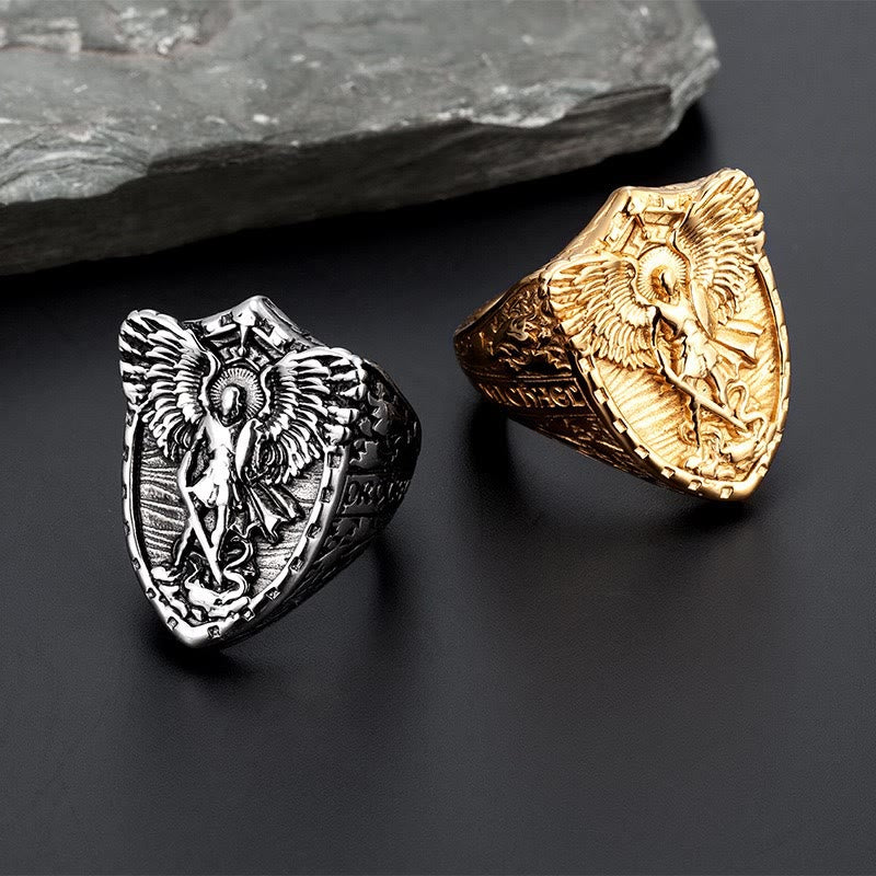 Shield Archangel St. Michael Ring: Two Tone Option Sacred Guardian Faith Finger Jewelry