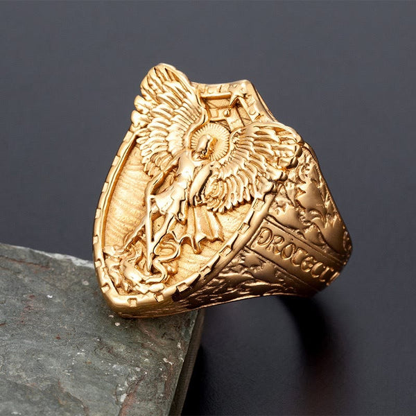 Shield Archangel St. Michael Ring: Two Tone Option Sacred Guardian Faith Finger Jewelry