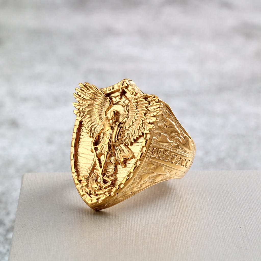Shield Archangel St. Michael Ring: Two Tone Option Sacred Guardian Faith Finger Jewelry