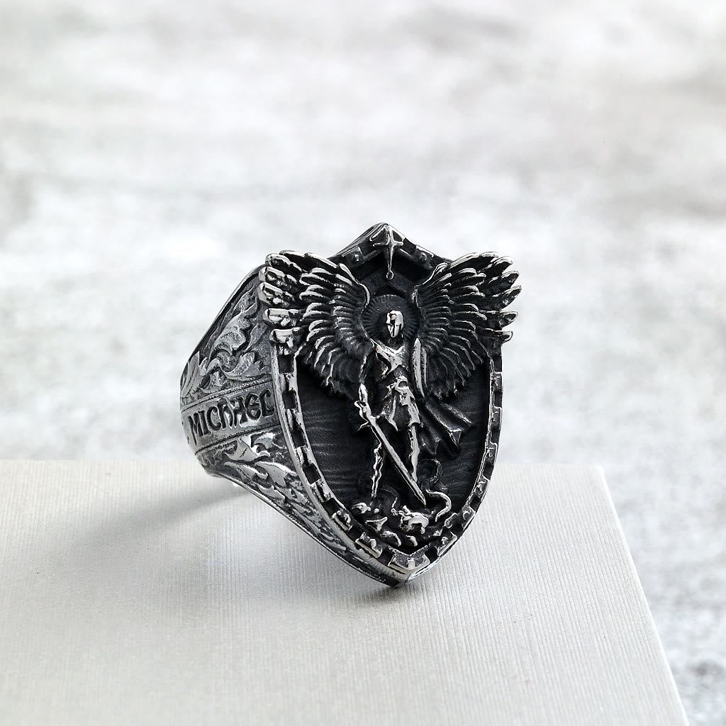 Shield Archangel St. Michael Ring: Two Tone Option Sacred Guardian Faith Finger Jewelry