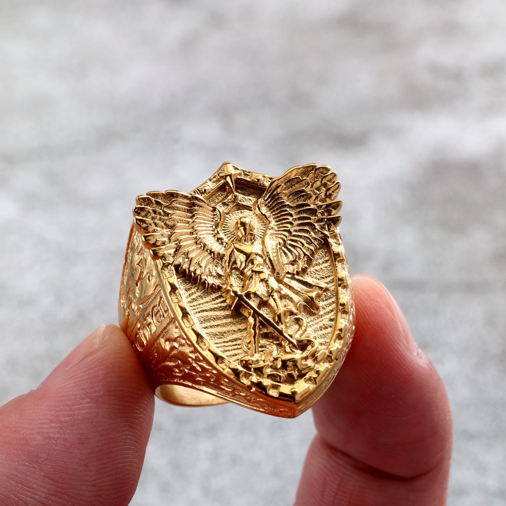 Shield Archangel St. Michael Ring: Two Tone Option Sacred Guardian Faith Finger Jewelry
