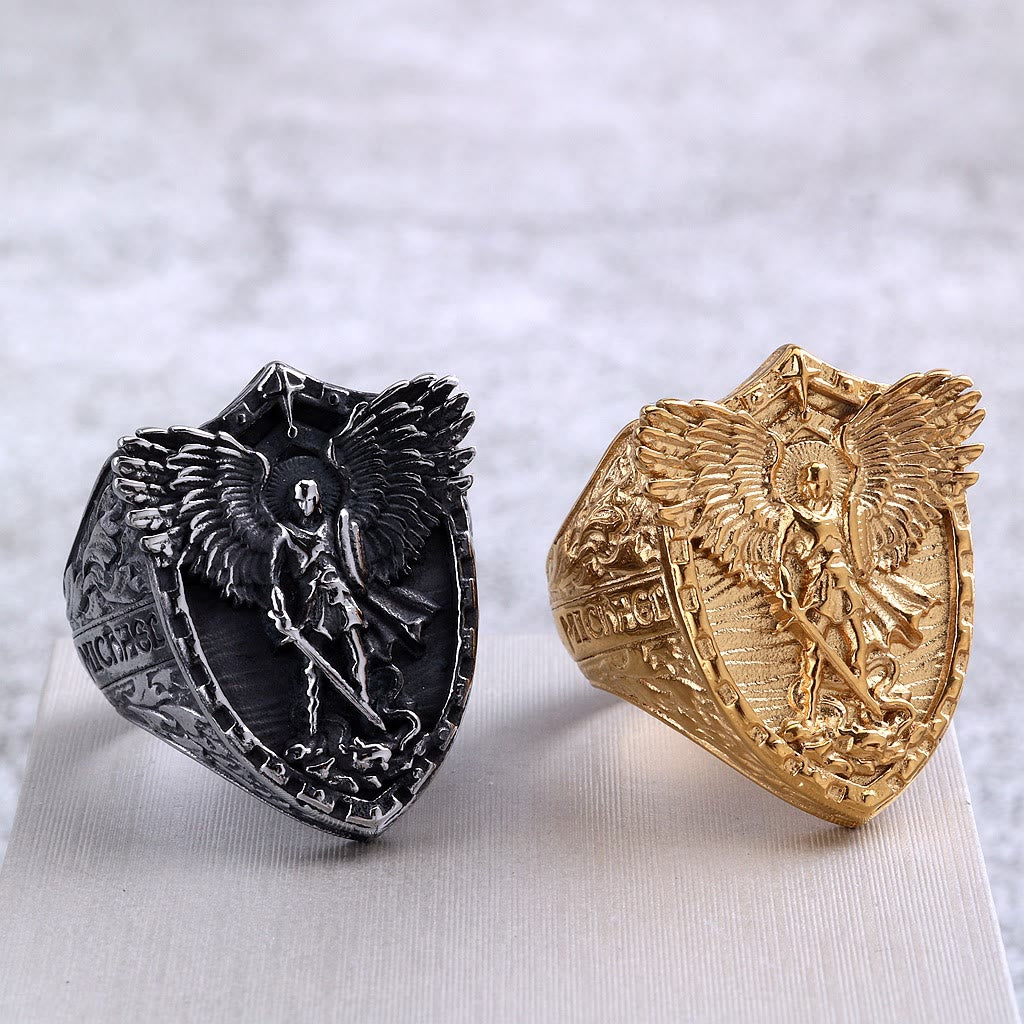 Shield Archangel St. Michael Ring: Two Tone Option Sacred Guardian Faith Finger Jewelry