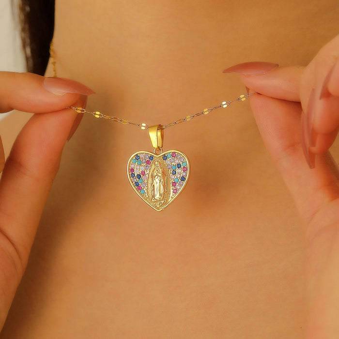 Heart Shaped Virgin Mary Necklace With Colorful Zircon: Sacred Symbol Of Marian Grace Faith Pendant