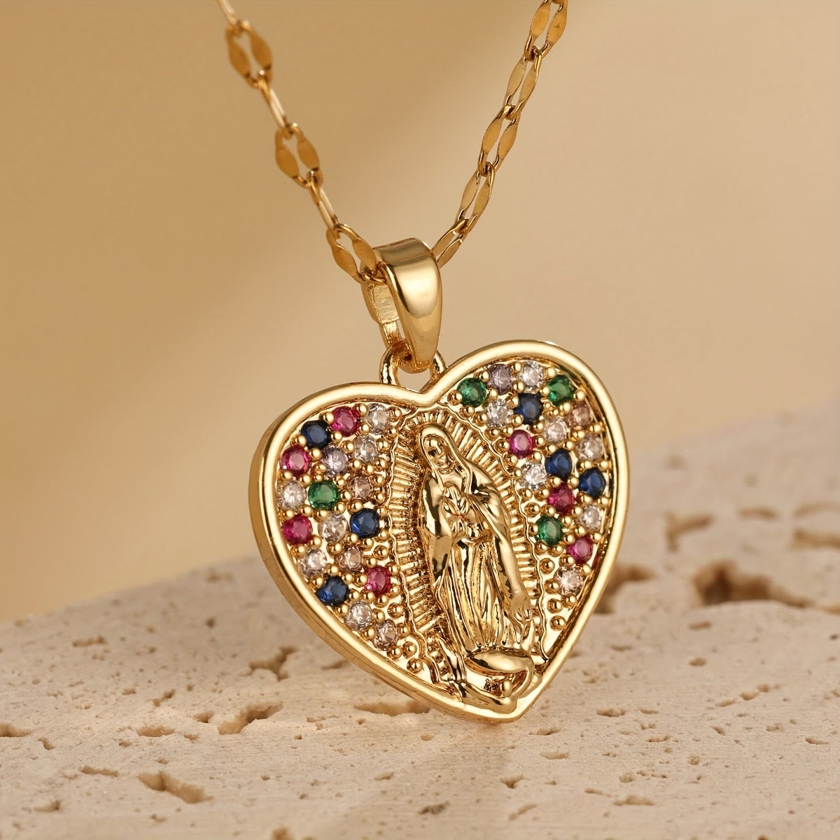 Heart Shaped Virgin Mary Necklace With Colorful Zircon: Sacred Symbol Of Marian Grace Faith Pendant