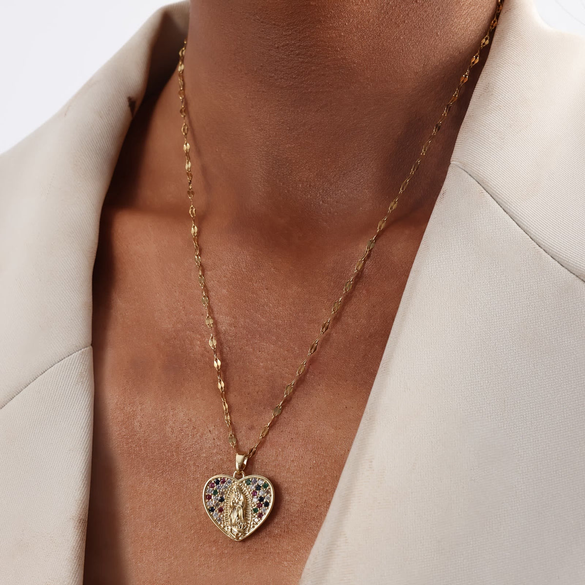 Heart Shaped Virgin Mary Necklace With Colorful Zircon: Sacred Symbol Of Marian Grace Faith Pendant