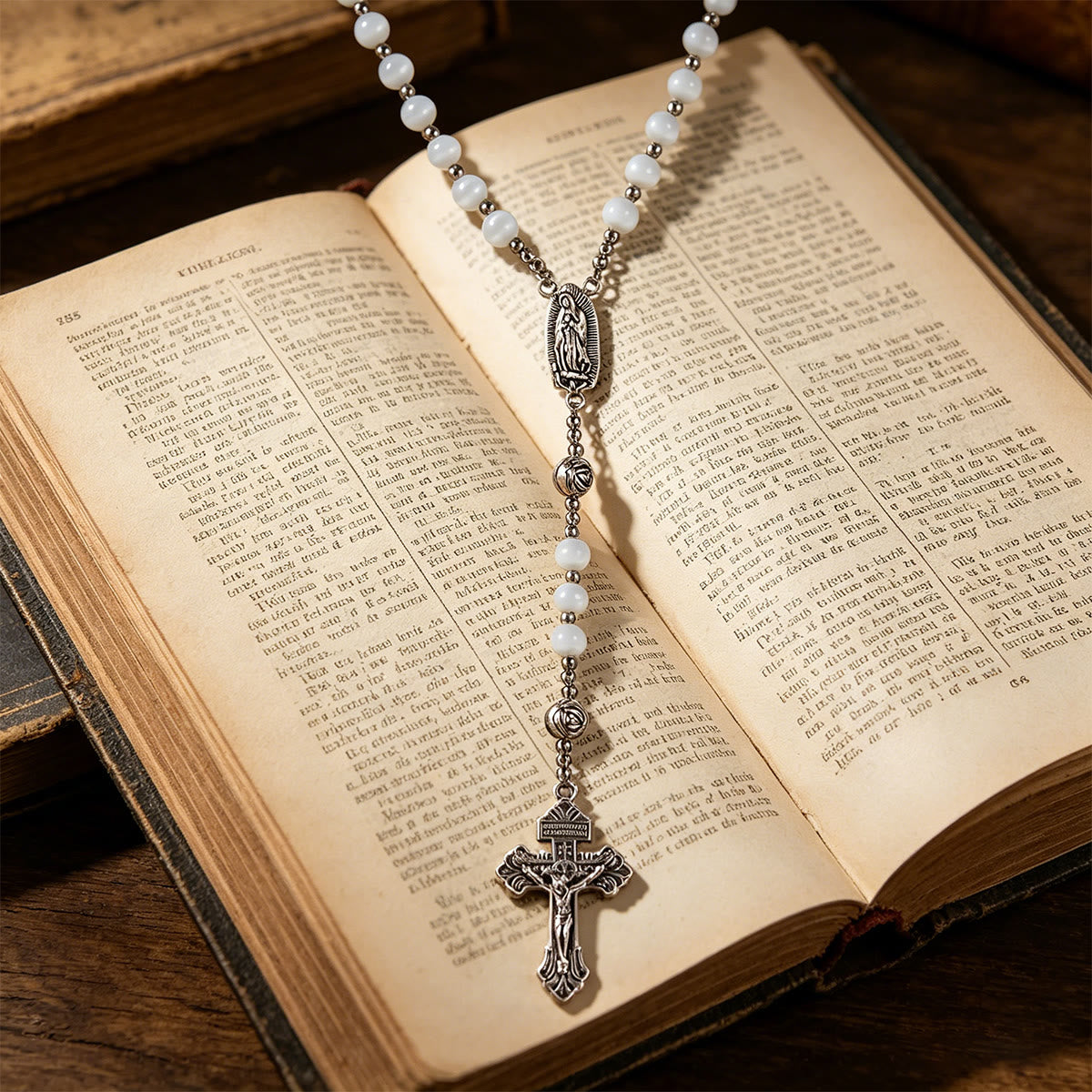 Luminous White Cat Eye Stone Rosary with Our Lady Medal & Ornate Crucifix