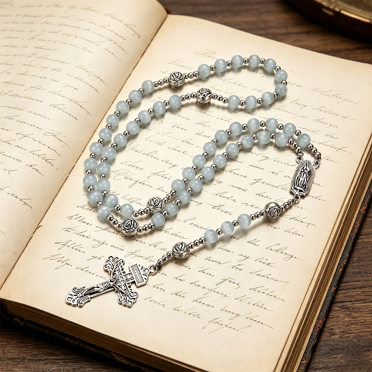 Luminous White Cat Eye Stone Rosary with Our Lady Medal & Ornate Crucifix