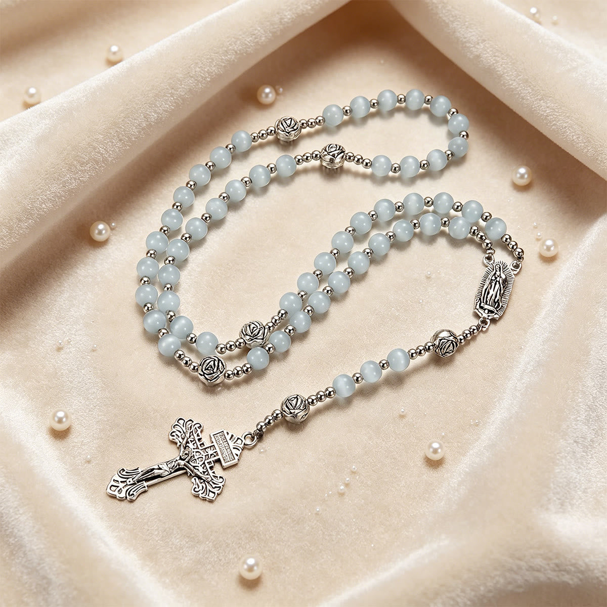 Luminous White Cat Eye Stone Rosary with Our Lady Medal & Ornate Crucifix