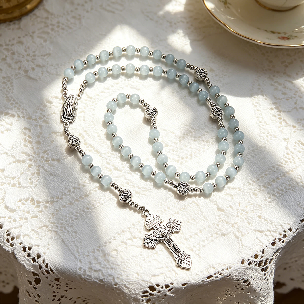 Luminous White Cat Eye Stone Rosary with Our Lady Medal & Ornate Crucifix