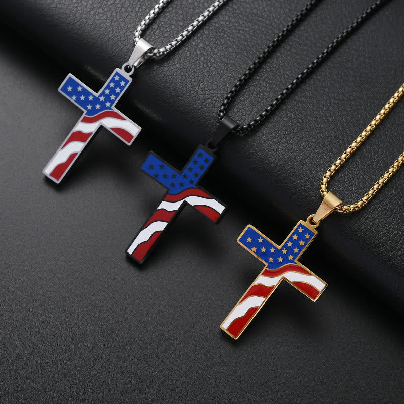 USA Flag Independence Day Cross Necklace: Sacred Faith Patriotic Holiday Pendant Jewelry
