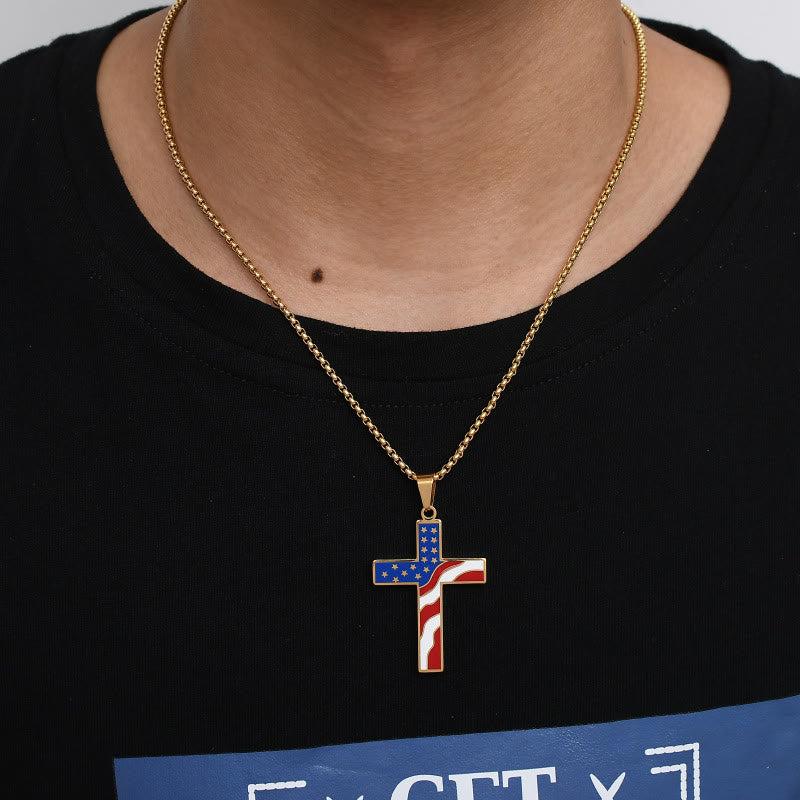 USA Flag Independence Day Cross Necklace: Sacred Faith Patriotic Holiday Pendant Jewelry