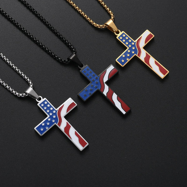 USA Flag Independence Day Cross Necklace: Sacred Faith Patriotic Holiday Pendant Jewelry