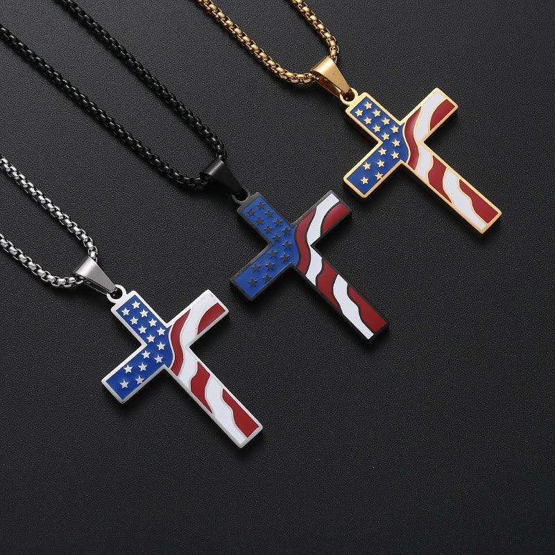 USA Flag Independence Day Cross Necklace: Sacred Faith Patriotic Holiday Pendant Jewelry