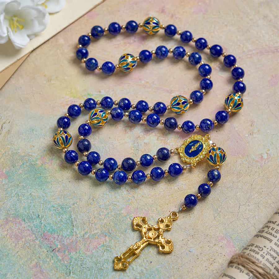 Vintage Deep Blue Lapis Our Lady Rosary with Cloisonné Enamel Accents