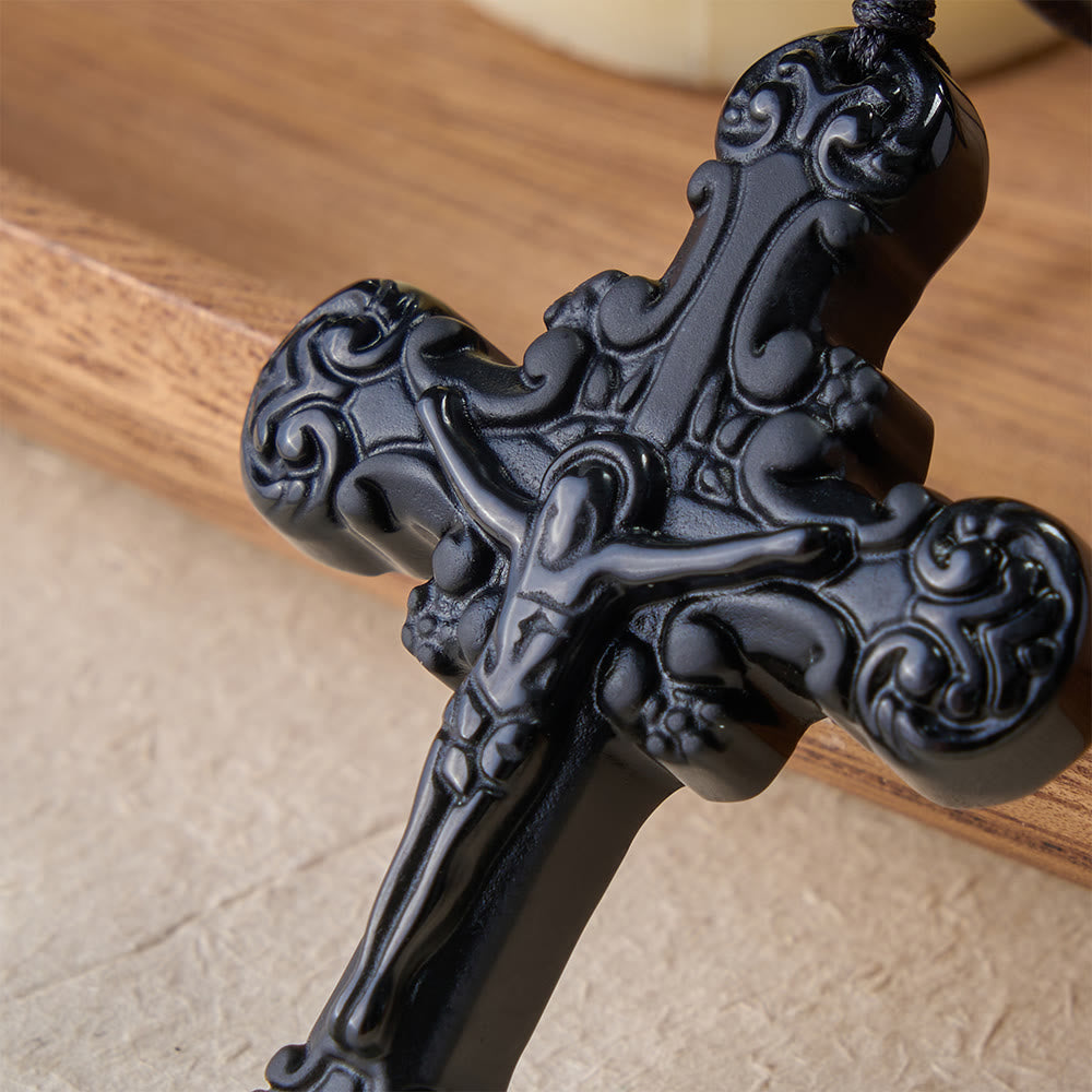 Classic Style Crafted Obsidian Crucifix Pendant Necklace