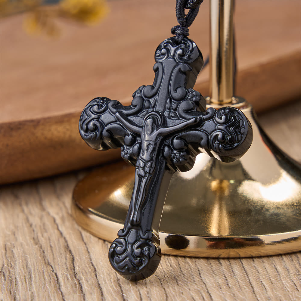 Classic Style Crafted Obsidian Crucifix Pendant Necklace