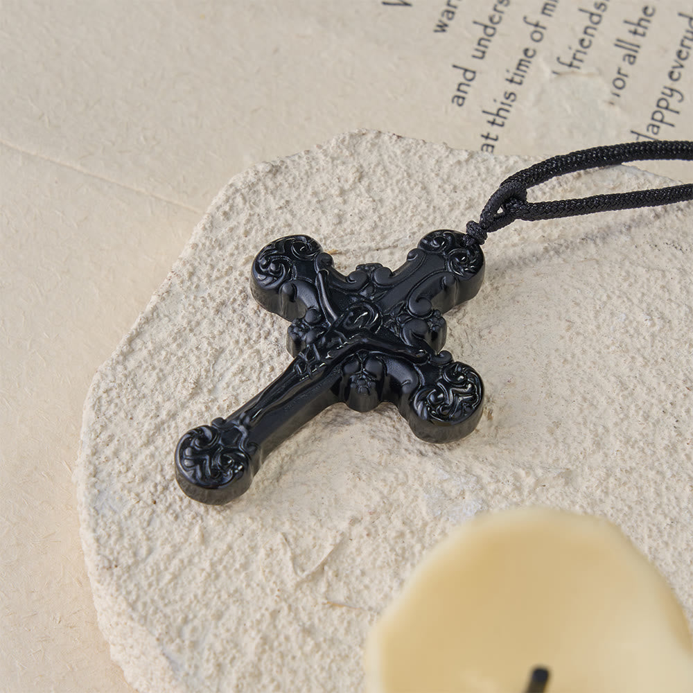 Classic Style Crafted Obsidian Crucifix Pendant Necklace