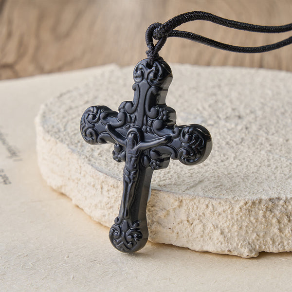 Classic Style Crafted Obsidian Crucifix Pendant Necklace