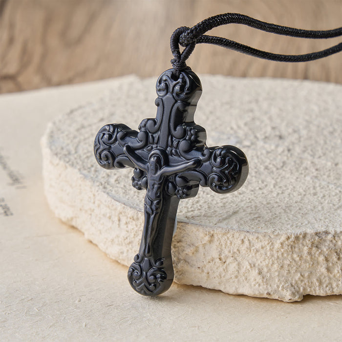 Classic Style Crafted Obsidian Crucifix Pendant Necklace
