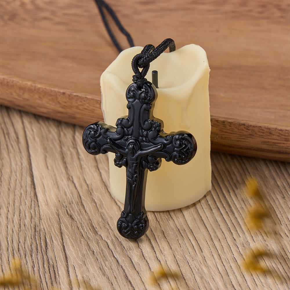 Classic Style Crafted Obsidian Crucifix Pendant Necklace