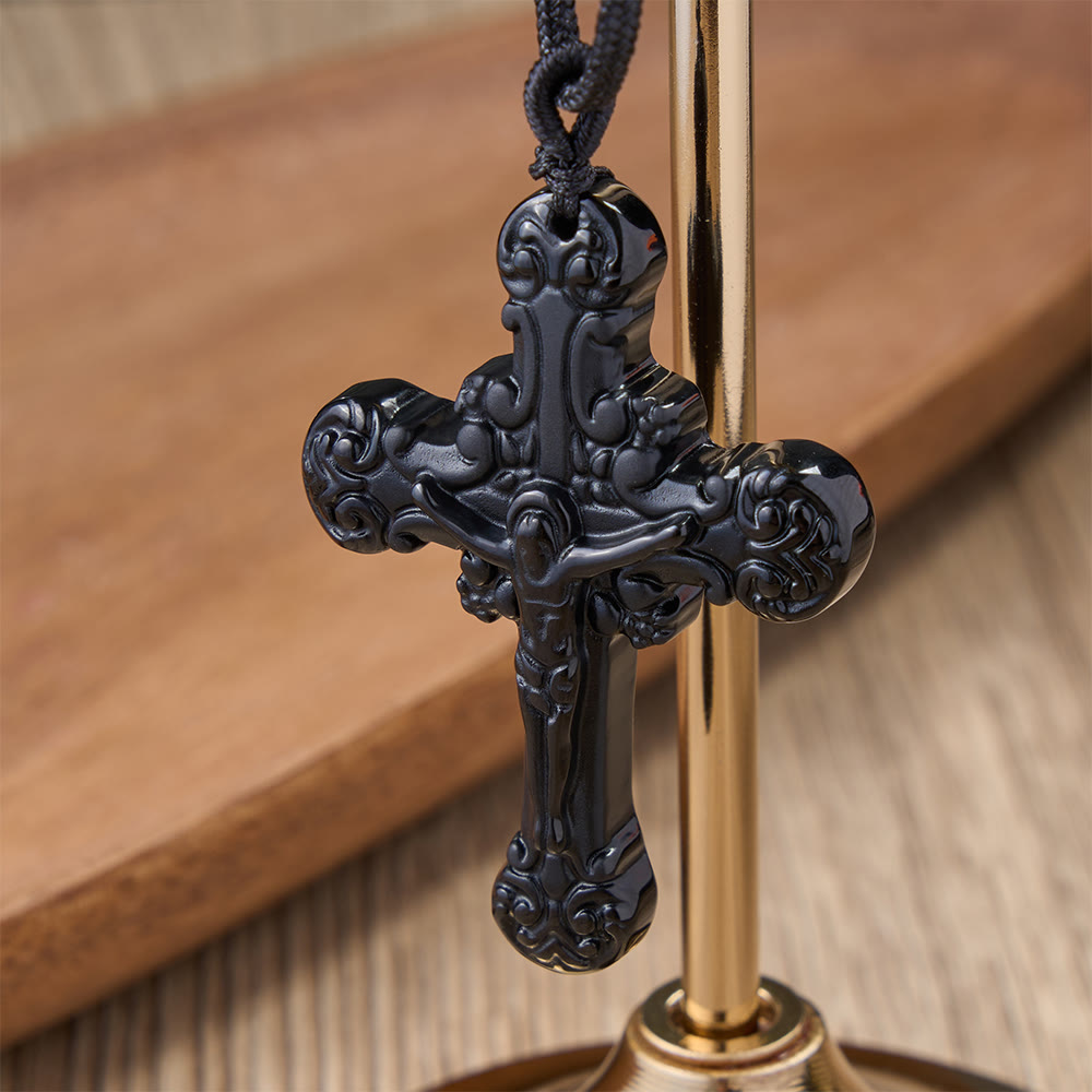Classic Style Crafted Obsidian Crucifix Pendant Necklace