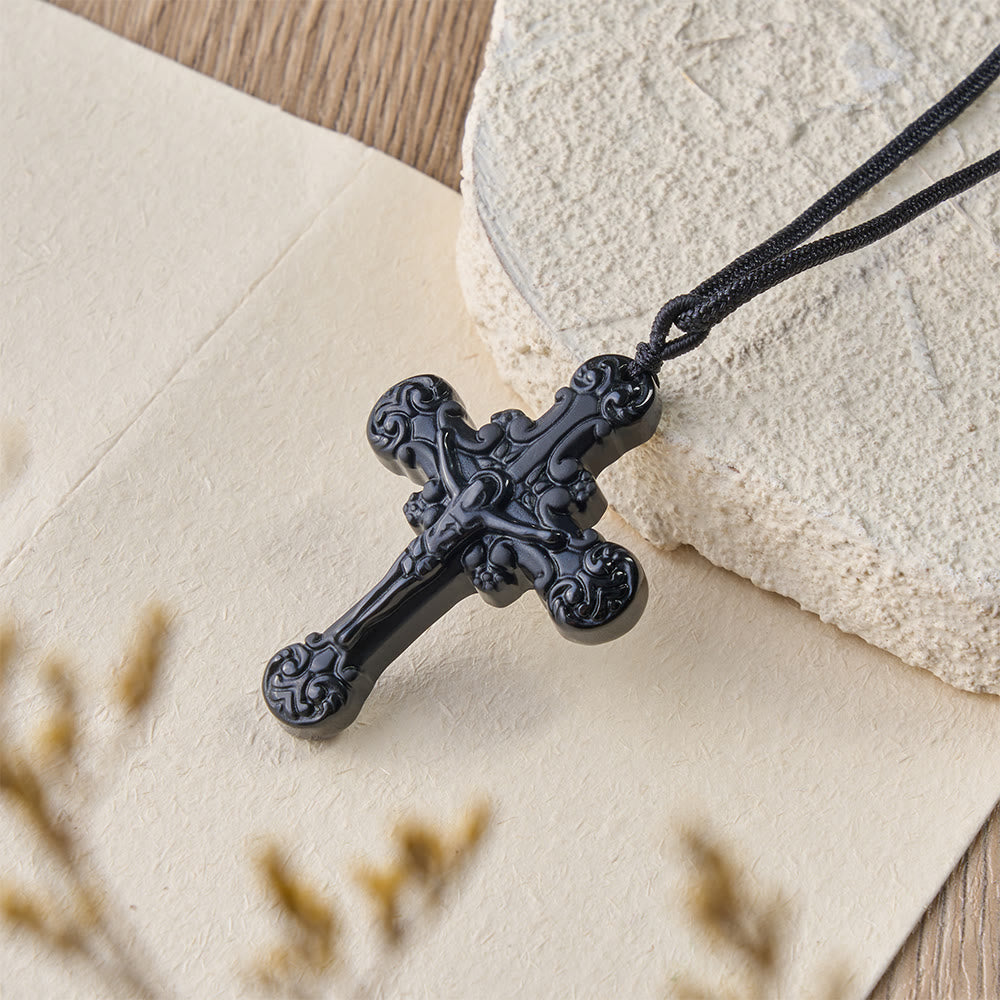 Classic Style Crafted Obsidian Crucifix Pendant Necklace