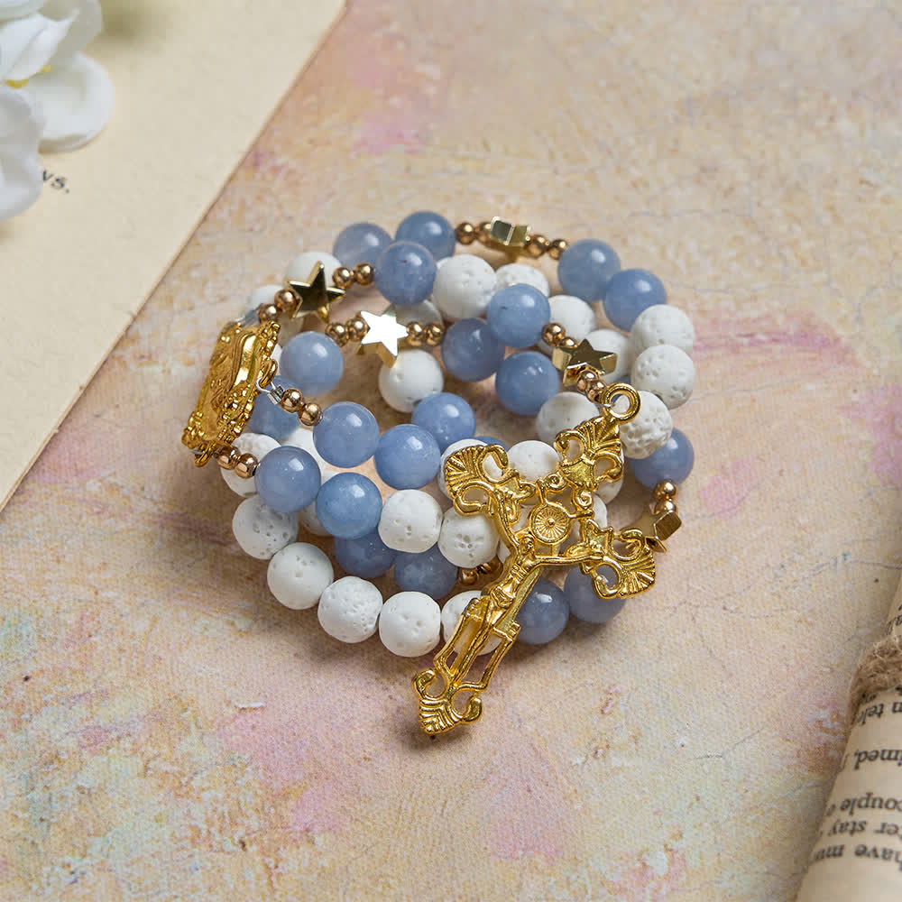 Natural White Volcanic Stone & Aquamarine Beads Rosary: Nature's Calm and Starry Dreams