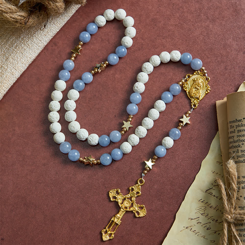 Natural White Volcanic Stone & Aquamarine Beads Rosary: Nature's Calm and Starry Dreams