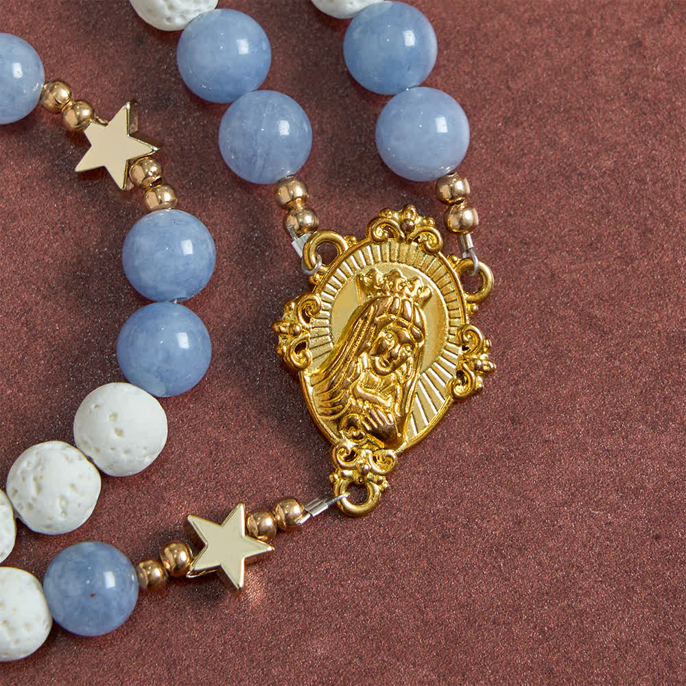 Natural White Volcanic Stone & Aquamarine Beads Rosary: Nature's Calm and Starry Dreams