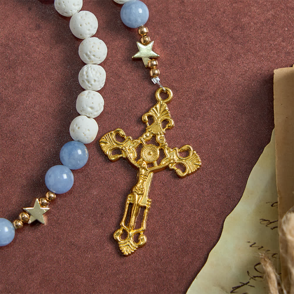Natural White Volcanic Stone & Aquamarine Beads Rosary: Nature's Calm and Starry Dreams