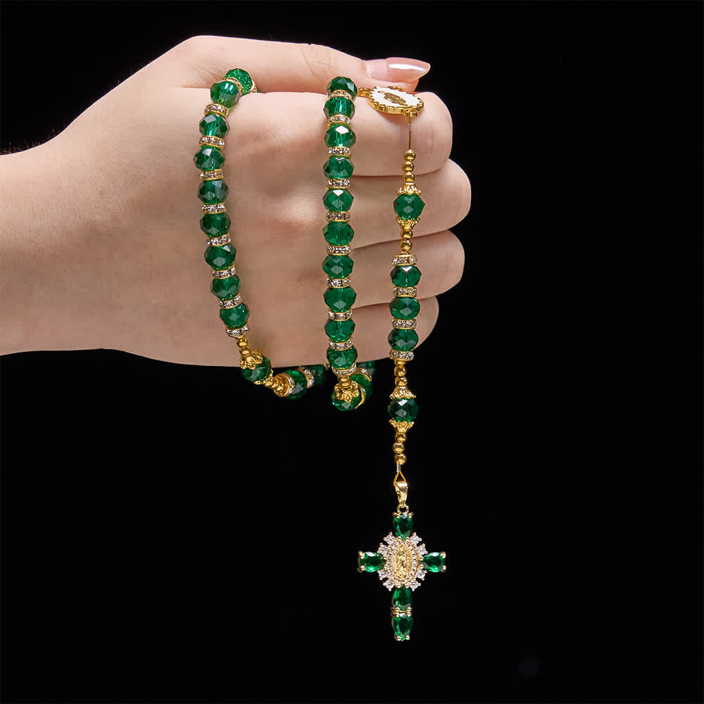 Emerald Green Faceted Glass Rosary with Luxurious Our Lady Cross