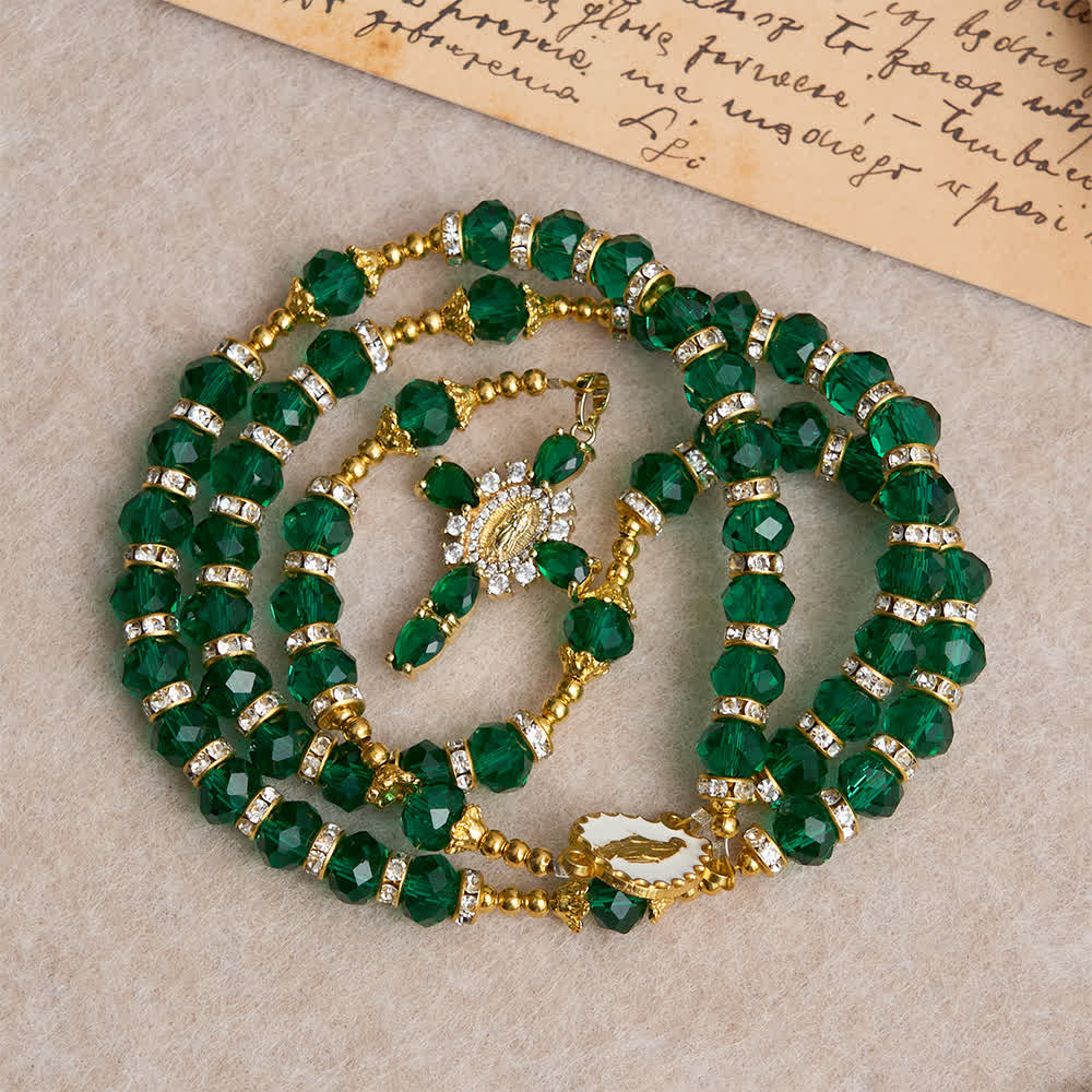 Emerald Green Faceted Glass Rosary with Luxurious Our Lady Cross