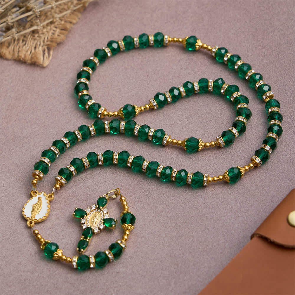 Emerald Green Faceted Glass Rosary with Luxurious Our Lady Cross